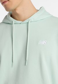 Sudadera verde menta con cordón y un pequeño logo bordado en blanco en el pecho. Textura suave, diseño informal y corte relajado.