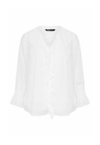 White blouse featuring a ruffled front, v-neckline, and elasticized cuffs with flared ends. Made of lightweight fabric.