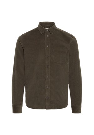 Camicia in corduroy verde scuro con colletto a bottoni, maniche lunghe, una tasca sul petto e una sottile texture a costine.