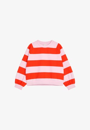 Sweat-shirt enfant avec larges rayures horizontales rouges et roses, col rond et poignets élastiques aux manches longues.
