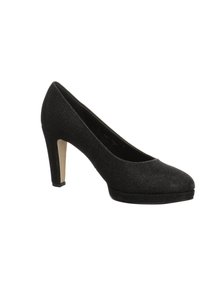 Chaussure à talon haut pour femmes en tissu noir, avec bout arrondi et talon aiguille de hauteur moyenne, vue latérale inclinée sur fond blanc.
