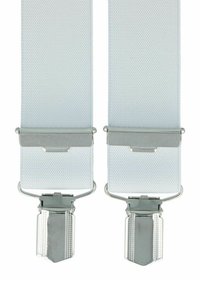 White elastic suspenders with silver metal clips and hardware. The fabric is textured with a smooth finish, featuring two adjustable straps.