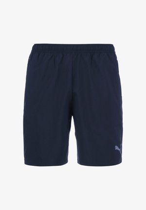 Donkerblauwe sportkorte broek met elastische tailleband en Puma-logo op het onderste rechterbeen, afgebeeld op een witte achtergrond.