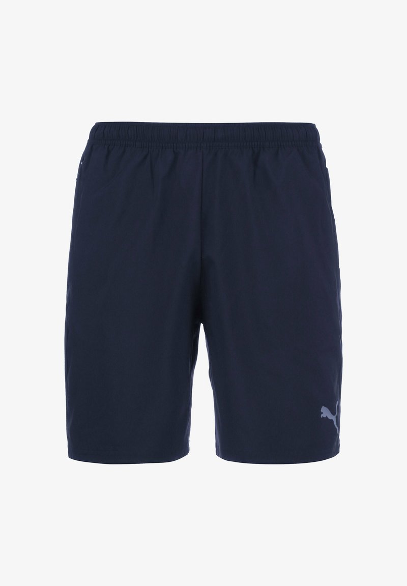 Navyblå atletikshorts med elastisk talje og Puma-logo på nederste højre ben, vist på en hvid baggrund.