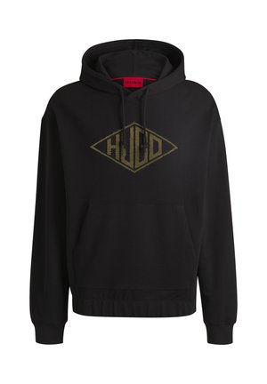 Czarna bawełniana bluza z kapturem z przednią kieszenią, ściągaczami przy rękawach i u dołu. Złote, diamentowe logo "HUGO" wyraźnie wyeksponowane na klatce piersiowej.
