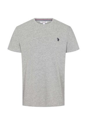Herre grå t-shirt med korte ærmer og rund hals med lille sort polo spiller-logo på venstre bryst.