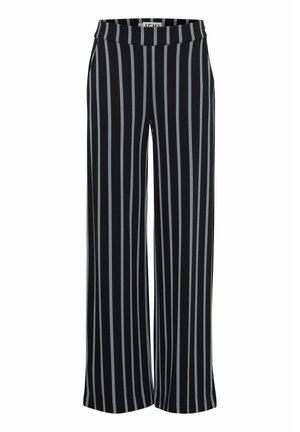 Black fabric trousers with vertical blue stripes, wide leg design, and an elastic waistband. Smooth texture, no visible fastenings.