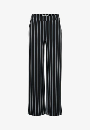 Juodi audiniai kelnės su vertikaliomis mėlynomis juostelėmis, plačioje kojų dizaino ir elastingas juosmuo. Lygi tekstūra, matomų užsegimų nėra.