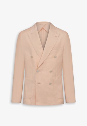 Beiger Doppelreiher-Blazer mit Reverskragen, sechs Knöpfen, zwei vorderen aufgesetzten Taschen und einer Brustleistentasche, präsentiert vor weißem Hintergrund.