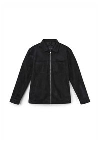 Giacca nera in suede con zip, dotata di due tasche sul petto e due tasche laterali, con colletto classico e maniche lunghe.