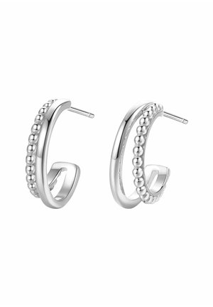 Silver hoop earrings with a beaded design along the outer curve, featuring straight posts for pierced ears.