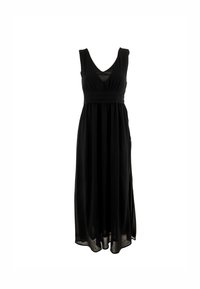 Robe noire longue en tissu léger et fluide. Dotée d'un décolleté en V prononcé, d'une coupe sans manches et d'une taille ajustée avec des détails froncés.