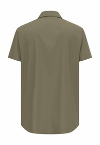 Korte mouwen shirt in olijfgroen, met een klassieke kraag, een gladde textuur en een rechte zoom met subtiele stikseldetails.