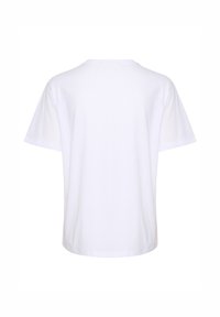 T-shirt bianco in cotone con maniche corte e collo a giro. La parte posteriore è semplice, con un orlo dritto e dettagli di cucitura minimi.