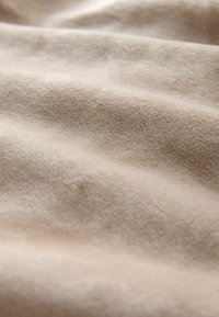 Tessuto beige con una superficie morbida e testurizzata e sottili onde lisce, che presenta una leggerissima lucentezza e un colore uniforme in tutto il tessuto.