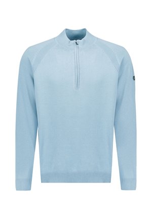 Lichtblauwe pullover trui met een halve rits kraag, geribbelde details langs de schouders en manchetten, gemaakt van een zacht gebreid stof.