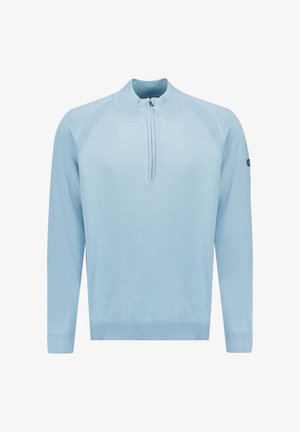 Lichtblauwe pullover trui met een halve rits kraag, geribbelde details langs de schouders en manchetten, gemaakt van een zacht gebreid stof.