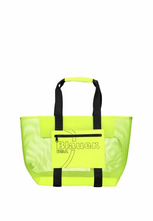 Neon yellow mesh tote bag with black handles and front zipper pocket labeled "Blauer USA."