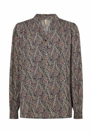 Langärmelige Bluse mit V-Ausschnitt, die ein Paisleymuster in dunklen Farben aufweist, mit dezenten Knopfakzenten und strukturiertem Stoff.