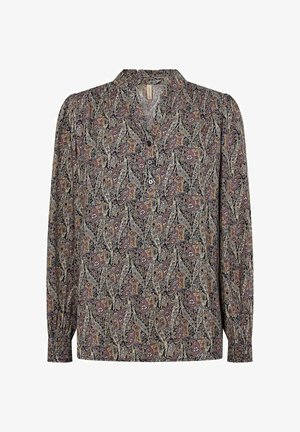 Garā piedurkņu blūze ar V-veida kakla izgriezumu, ar tumšām paisley rakstu krāsām, ar smalku pogu akcentiem un teksturētu audumu.