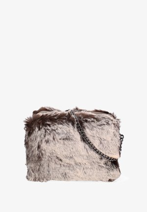 Faux fur handbag in light and dark brown hues, featuring a rectangular shape and silver-tone chain strap. Soft texture, no visible patterns.