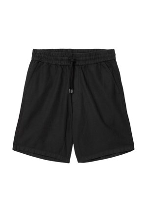 Shorts décontractés noirs avec taille élastique et cordon de serrage à l'avant, poches latérales, et coupe à la hauteur des genoux.