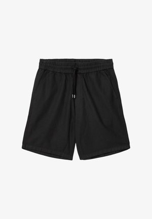 Shorts décontractés noirs avec taille élastique et cordon de serrage à l'avant, poches latérales, et coupe à la hauteur des genoux.