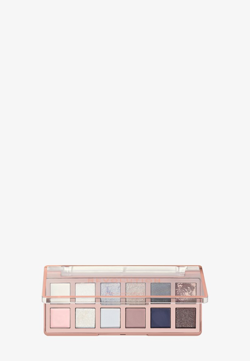 Paleta de sombras de ojos con diez tonos que van desde rosas y marrones mates hasta plateados y azules brillantes, todo en un estuche de oro rosa con tapa transparente.