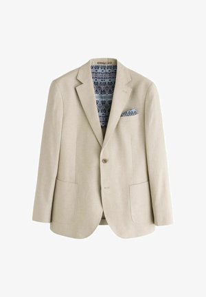 Beiger Ein-Knopf-Blazer mit geschlitzten Revers, zwei Fronttaschen sowie einem blauen, gemusterten Einstecktuch und Futter.