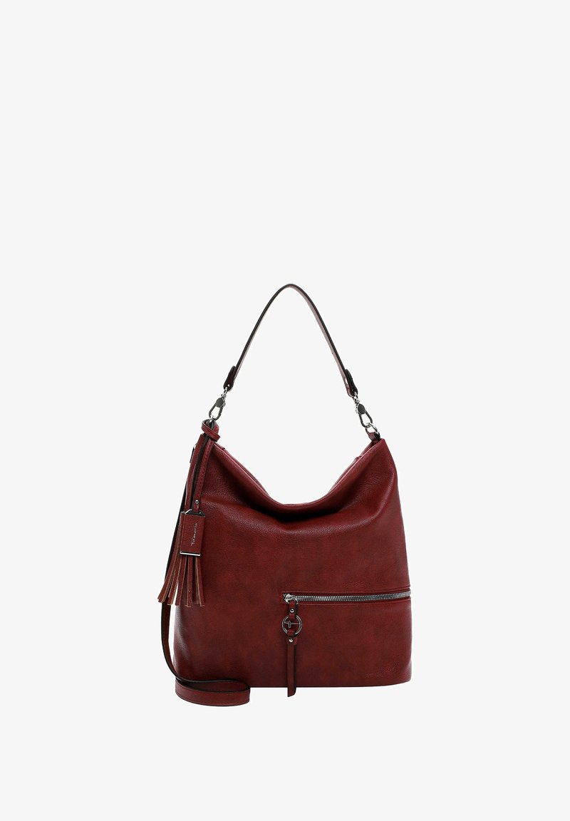 Borsa a tracolla in faux pelle rossa con design morbido, parte superiore arrotondata, tasca frontale con zip, dettaglio con nappina e tracolla staccabile.