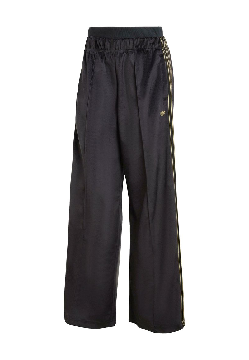 Pantaloni atletici neri a gamba larga realizzati in tessuto morbido, con logo dorato e strisce laterali. Vita elastica per il massimo comfort.