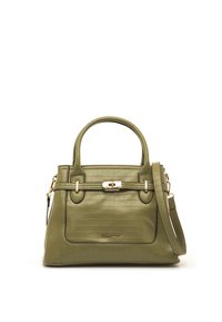 Bolso estructurado color verde oliva con textura de cocodrilo, asas superiores, cierre dorado y correa de hombro desmontable sobre fondo blanco.