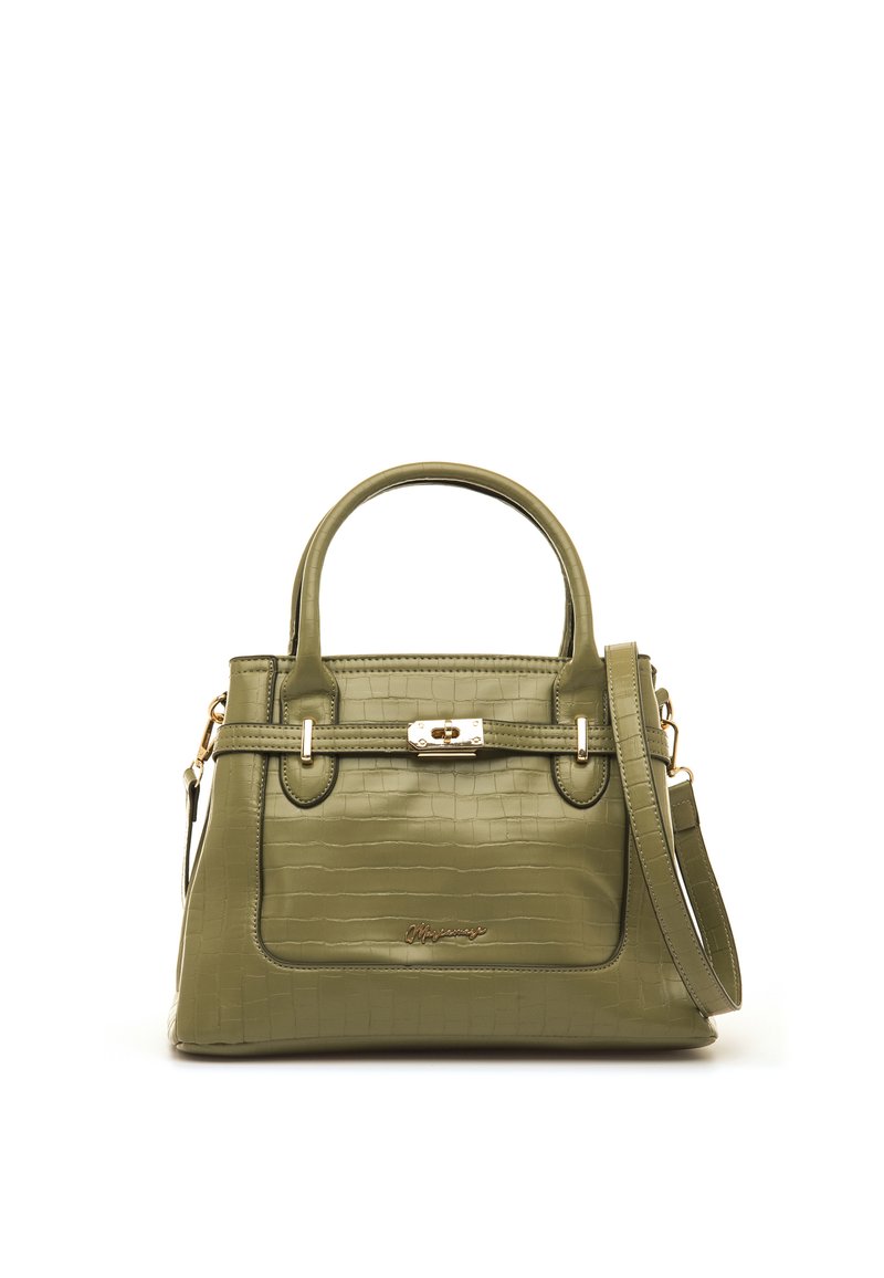 Bolso estructurado color verde oliva con textura de cocodrilo, asas superiores, cierre dorado y correa de hombro desmontable sobre fondo blanco.