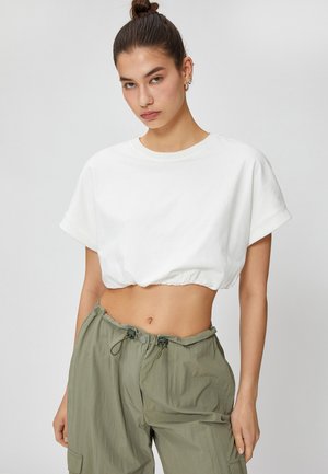 ELASTIC WAIST CREW NECK SHORT SLEEVE CROP - Basic T-shirt - beige