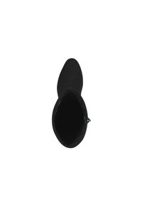Stivale nero alla caviglia con texture liscia, punta appuntita e gambale alto. L'interno è foderato in tessuto e presenta un piccolo accento in metallo argento.