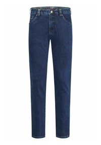 Jean en denim bleu foncé avec une coupe droite, présentant une fermeture à bouton à l'avant, deux poches latérales et une ceinture intérieure à motif.