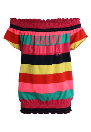 Letni top w paski w wielu kolorach, z opuszczonymi ramionami, z marszczonym, elastycznym dekoltem i dołem, z napisem "Forever Summer" z przodu.