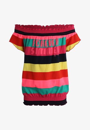 Off-shoulder multifarvet striped sommertop med rynket elastisk halsudskæring og kant, med teksten "Forever Summer" på fronten.