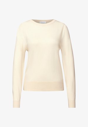 Sweter dzianinowy w kolorze kremowym z długimi rękawami, okrągłym dekoltem i dopasowanym ściągaczem. Miękka faktura, bez widocznych wzorów czy zdobień.