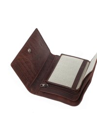 Brown leather wallet with a textured finish; features a zippered compartment and a herringbone-patterned card holder section.