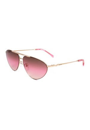 Occhiali da sole stile aviator con montatura in metallo dorato e lenti sfumate rosa, con aste con punte rosa.
