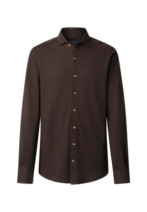 Donkerbruine, lange mouwen, button-up shirt met een puntige kraag en een subtiele geborduurde logo op de linkerborst.