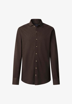 Camicia a maniche lunghe di colore marrone scuro, con colletto a punta e logo ricamato discreto sul lato sinistro del petto.
