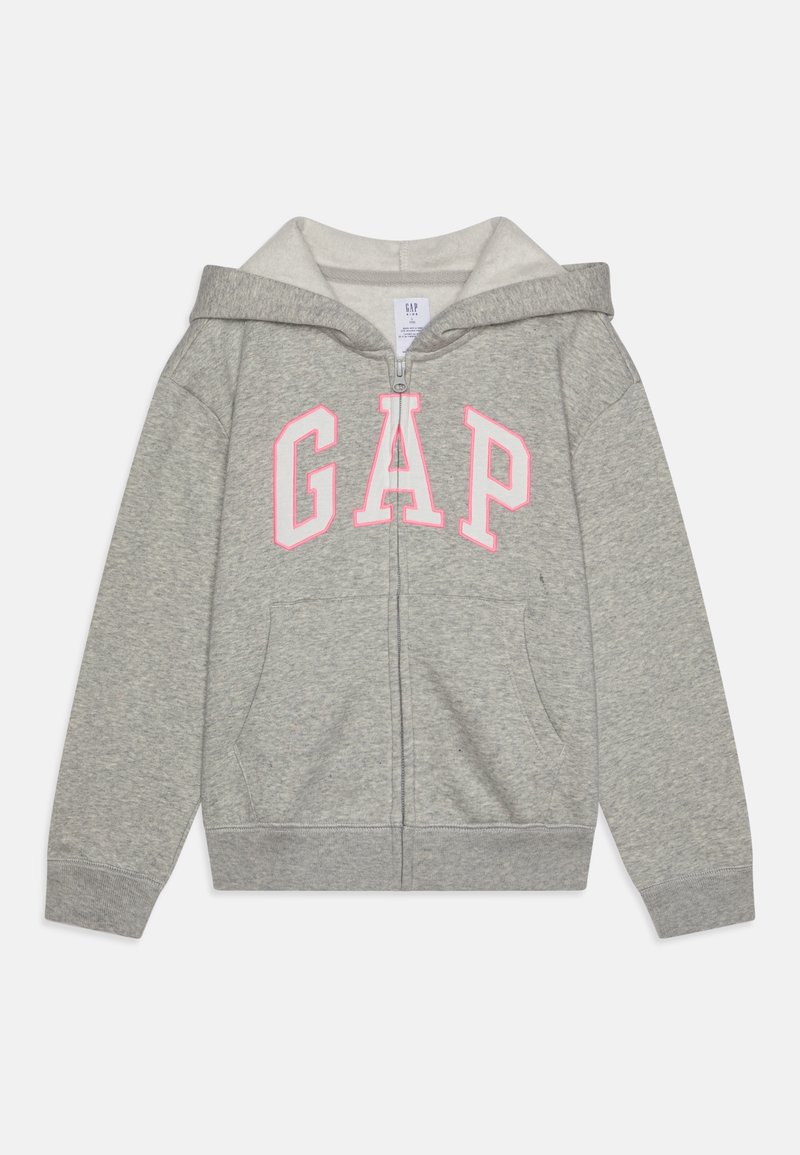 Sweat à capuche gris zippé avec lettrage GAP blanc contouré de rose sur le devant et une poche avant sous la fermeture éclair.