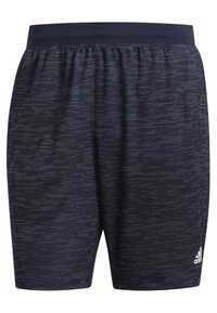 Shorts de sport bleu marine foncé avec fines rayures horizontales, taille élastique et logo Adidas blanc sur la partie inférieure de la jambe droite.