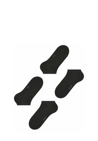 Zwarte enkel sokken met een gladde textuur en een afgeronde te ontwerp. Elke sok heeft een klein logo in het wit gedrukt. Vier sokken onregelmatig gerangschikt.