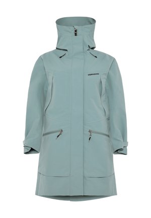 Lichtblauwe waterdichte knie-lange jas met hoge kraag, twee voorzakken met rits, verstelbare manchetten en Didriksons-logo op de borst.