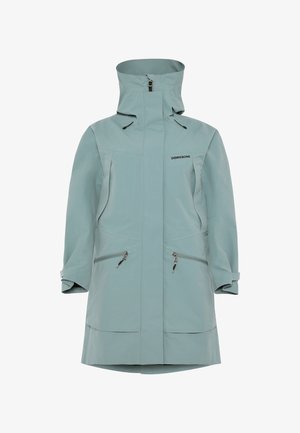 Lichtblauwe waterdichte knie-lange jas met hoge kraag, twee voorzakken met rits, verstelbare manchetten en Didriksons-logo op de borst.