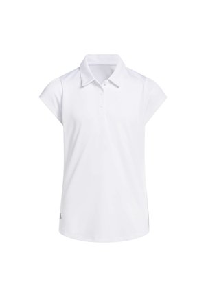 Polo blanco de manga corta con cuello y tres botones en la parte delantera, mostrado sobre un fondo blanco liso.