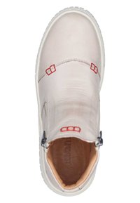 Light gray leather ankle boot with red accents, white sole, round toe, and zipper closure. Smooth texture with minimal stitching details.